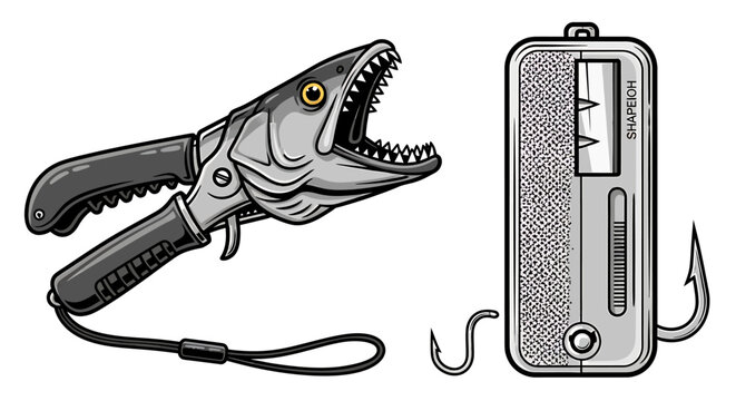Detailed Illustration of Fishing Pliers and Scale with Hooks.