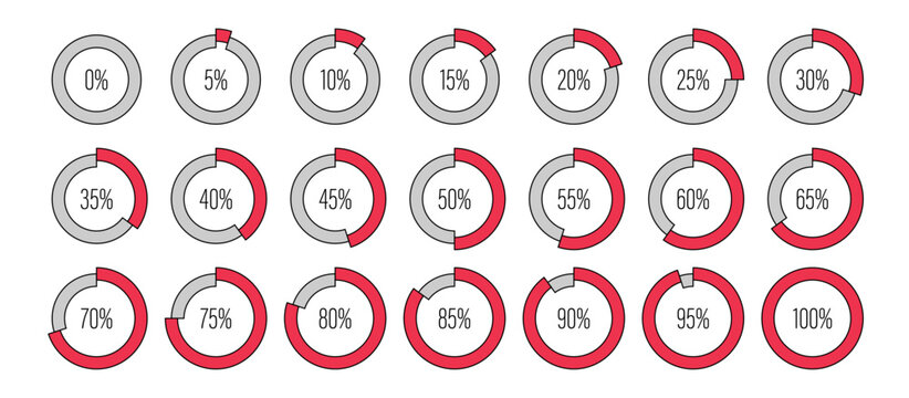 Set of circle percentage progress bar diagrams meters from 0 to 100 ready-to-use for web design, user interface UI or infographic - indicator with red
