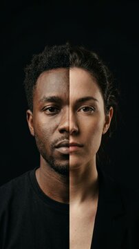 Two faces merge in a striking split portrait, showcasing a blend of features and expressions. The images capture a mix of genders and races, exploring themes of identity and self-perception