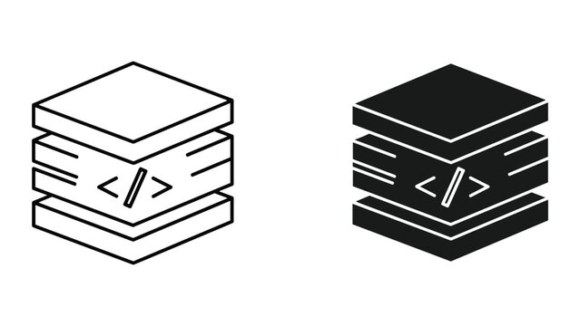 Black and white line icons of database servers with coding symbols