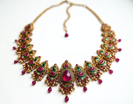 Ornate gold necklace with deep pink and green stones. Intricate Indian jewel features pearls and fine craftsmanship. Royal accessory for special occasions.
