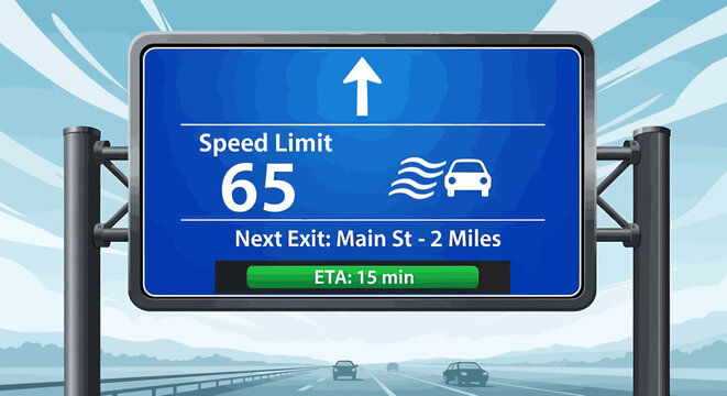 Digital Highway Sign Displaying Speed Limit and Directional Information.