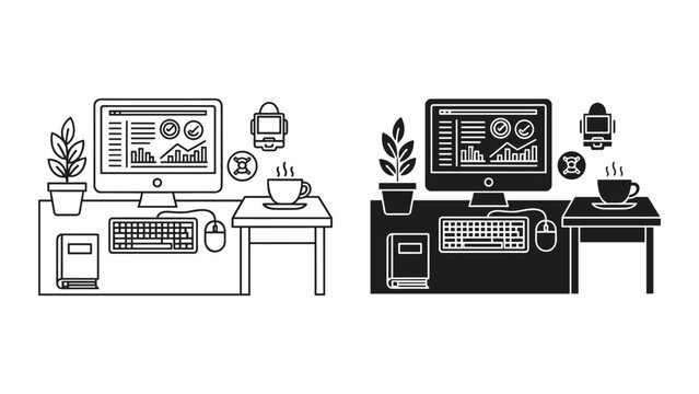 Black and white illustration of two office desks with computers and accessories in line art style on white background