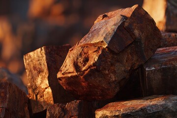 Fototapeta premium Rusty iron ore rocks piled under golden sunset light