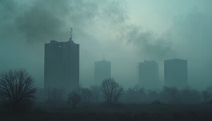 Naklejka premium Cityscape veiled in thick fog obscuring skyscrapers. Bare trees stand in silhouette against hazy, dark sky. Atmosphere feels dense, mysterious, and potentially polluted, creating moody urban scene.