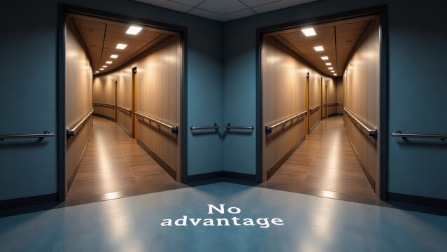 Corridor labeled no advantage representing equal conditions absence of privilege and structured neutrality within political systems