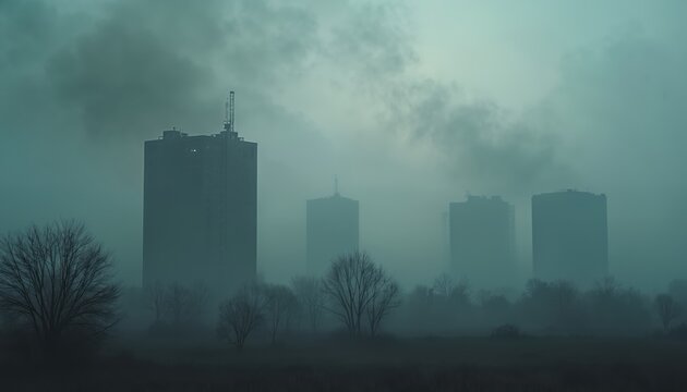 Cityscape veiled in thick fog obscuring skyscrapers. Bare trees stand in silhouette against hazy, dark sky. Atmosphere feels dense, mysterious, and potentially polluted, creating moody urban scene.