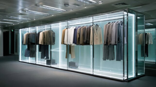 Modern retail wardrobe display featuring an organized collection of men's suits and jackets with sleek glass and lighting