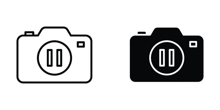 Contrasting camera icons in black and white line art styles with film roll symbols