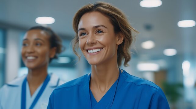 Female chaplain walks hospital corridor alongside medical staff discussing patient care coordination before entering room for family consultation, perfect for interdisciplinary support, holistic