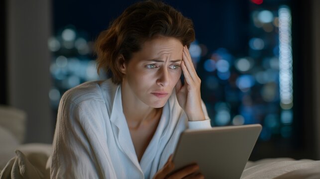 Millennial woman's trembling hands holding tablet displaying volatile cryptocurrency charts at 3am, blue screen glow illuminating worried expression in darkened bedroom, perfect for digital