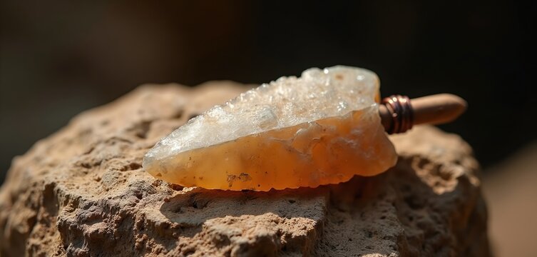 Stone arrowhead artifact on rough rock. Ancient weapon point, primitive tool for hunting. Handcrafted ancient chert object, tribal survival gear.