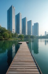 Fototapeta premium Wooden pier on calm lake leads to modern city skyscrapers. Green trees line shore, water reflects towers. Peaceful urban waterfront landscape under clear sky.