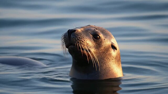 Sea Lion Peeking Above Water Surface Golden Hour