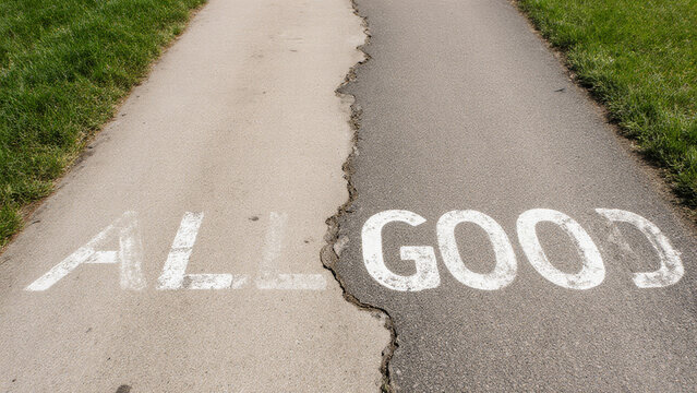 Road marked all good despite visible crack representing denial of issues and normalization of structural problems within political systems