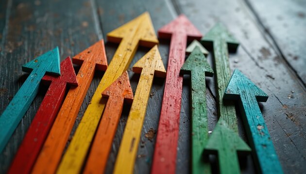 Colorful wooden arrows point upward on rustic wood surface. Represents growth progress success direction goal ambition achievement advancement development opportunity future.
