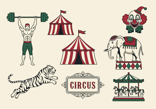 Retro Vintage Circus Elements Set Featuring Strongman, Elephant, Tiger, Clown, Carousel, and Big Top Tent Illustrations for Carnival and Entertainment Design