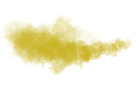 Nube de humo amarillo vibrante aislado sobre fondo negro, efecto de gas o r&aacute;faga de polvo