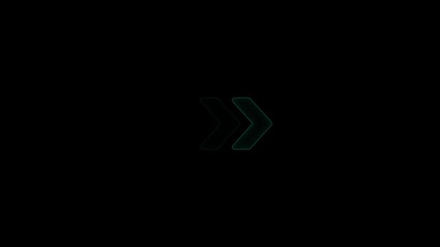 Minimalist neon double arrow pulsing on black background, for digital interface, and ui glowing