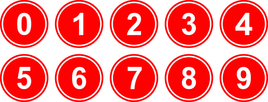 Bright red circular buttons displaying double white outline borders and central numeral digits zero to nine