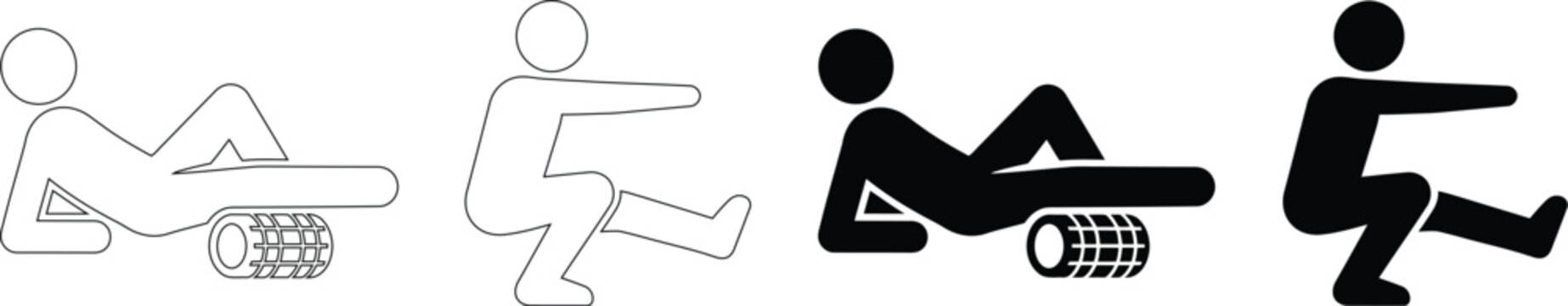 Gym Workout Exercise and Physical Therapy Foam Roller with Single Leg Squat Vector Icon Set