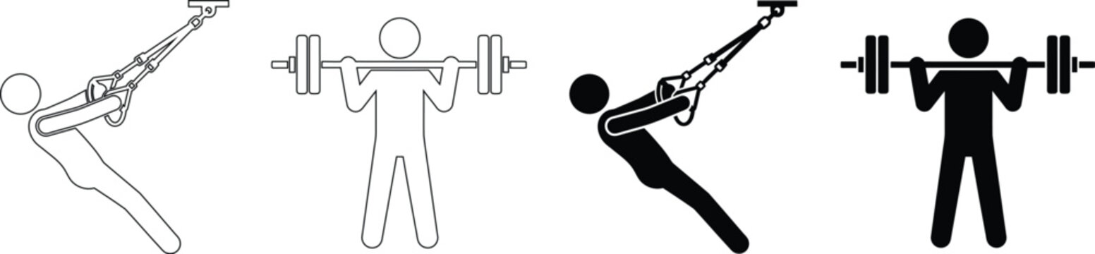Fitness Gym Workout Vector Icons Set with Weightlifting Barbell and TRX Suspension Training