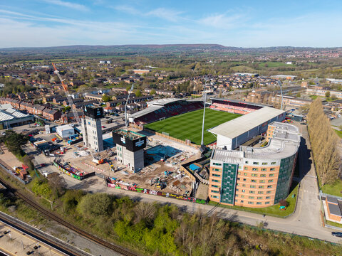 Aerial view of  the kop expansion stand at Wrexham football ground stadium construction, Wales