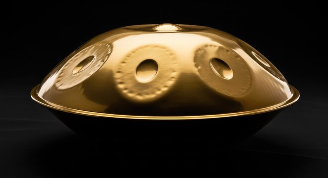 A golden handpan drum rotates slowly against a deep dark background, showcasing its reflective metallic surface and elegant smooth curves, atmospheric, shiny, zen