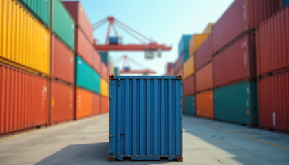 Fototapeta premium A blue shipping container sits in foreground amidst rows of colorful containers stacked high at a bustling port. Cranes loom in background over industrial shipping yard. Global commerce logistics.
