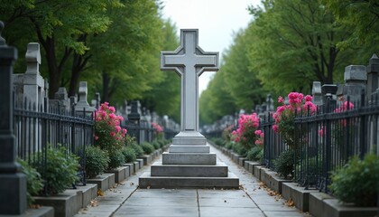 Fototapeta premium Stone cross in city cemetery surrounded by green trees and pink flowers. Rows of gravestones and fences create solemn atmosphere for reflection and remembrance.