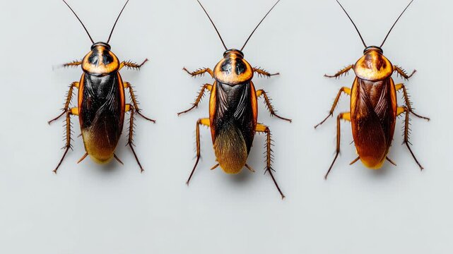 Top view of three brown cockroaches aligned on clean white background