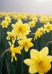 Obraz premium A vibrant meadow filled with yellow daffodils under soft morning light, showcasing the fresh beauty of a peaceful spring season awakening, golden, seasonal, background