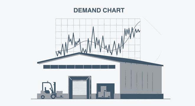 Warehouse operations illustration with a forklift, loading dock, boxes, and a demand chart in the background