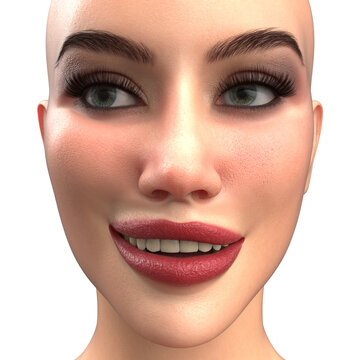 Cheerful 3D rendered female face with bright green eyes, full red lips slightly parted in a warm smile. Great for advertising, positivity, or friendly digital persona use.
