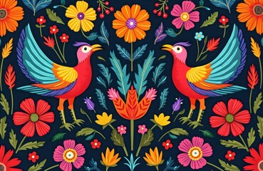 Obraz premium Vibrant folk art pattern shows two colorful birds surrounded by bright flowers and leaves on dark background. This illustration design features traditional Mexican motifs and a handcrafted feel.
