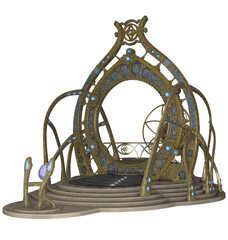 Highly detailed golden portal with blue symbols and geometric patterns on an isolated background. Perfect for architectural, fantasy, or asset design projects. 3D Illustration. © AnnaPa