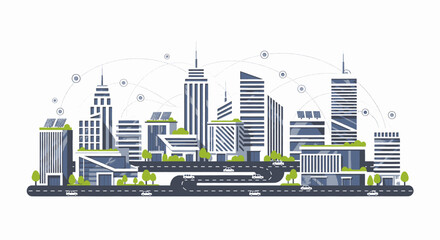 Fototapeta premium Panoramic vector illustration of a modern smart cityscape showcasing sustainable architecture and interconnected infrastructure for future urban development and technological advancement