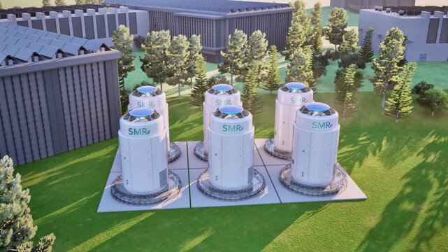 3d rendering group of smr or small modular nuclear reactors power plant with data center building 4k footage