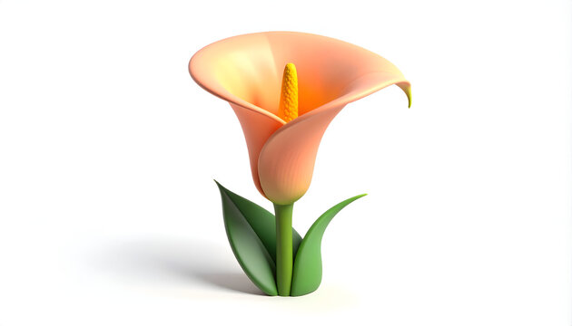 A vibrant, peach-colored calla lily with a bright yellow spadix stands elegantly against a clean white background, showcasing its smooth, curved petals and lush green foliage.