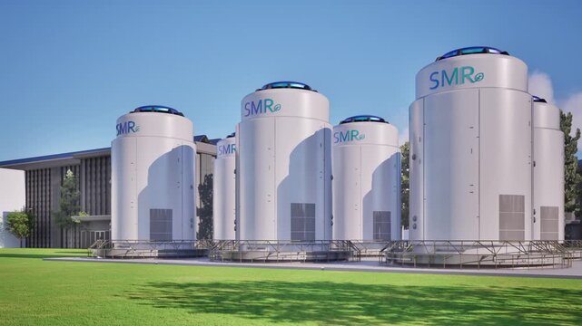 3d rendering group of smr or small modular nuclear reactors power plant with data center building 4k footage