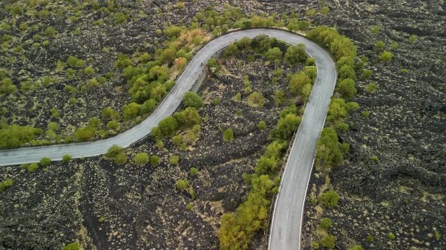 Serpentine road winds through solidified lava landscape with lush greenery, showcasing the gradual transition of terrain and the beauty of nature's resilience in a unique environment
