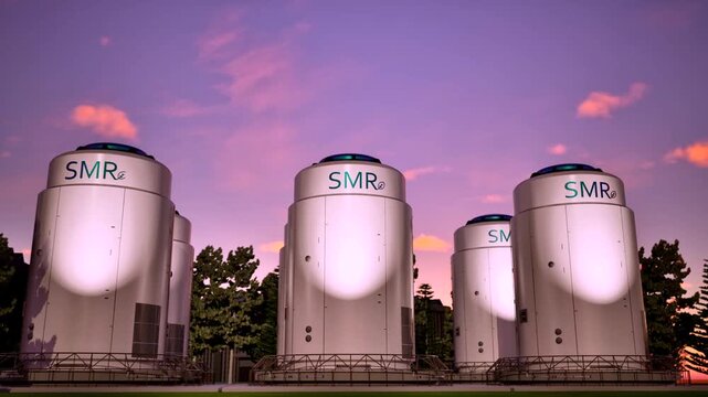 3d rendering group of smr or small modular nuclear reactors power plant against twilight sky 4k footage