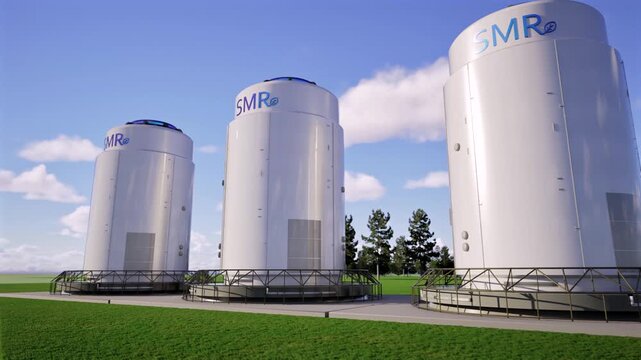 3d rendering group of smr or small modular nuclear reactors power plant against blue sky 4k footage