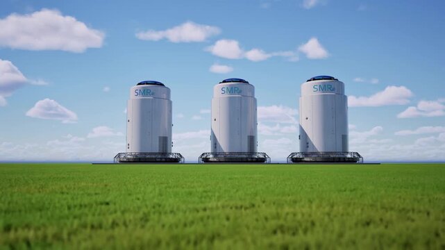 3d rendering group of smr or small modular nuclear reactors power plant against blue sky 4k footage