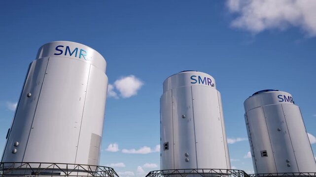 3d rendering group of smr or small modular nuclear reactors power plant against blue sky 4k footage
