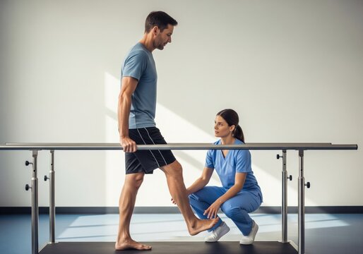Side view gait retraining in parallel bars shows controlled step recovery ankle alignment and physiotherapy support concept for rehabilitation marketing and healthcare stock use daily