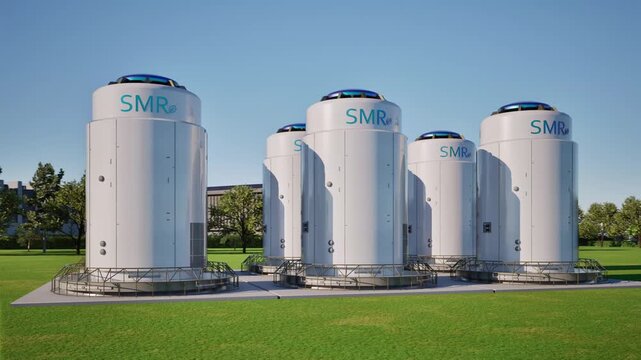 3d rendering group of smr or small modular nuclear reactors power plant against blue sky 4k footage