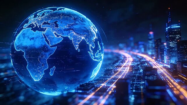 Digital blue earth globe model with bright city night skyline background
