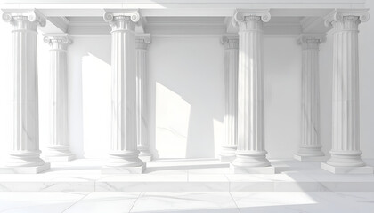Fototapeta premium A pristine, sunlit architectural rendering showcases a classical Greek-style structure with elegant white columns and a marble base, evoking a sense of timeless grandeur.