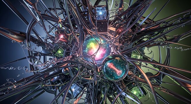 Abstract digital art of complex mechanical structure with glowing orbs